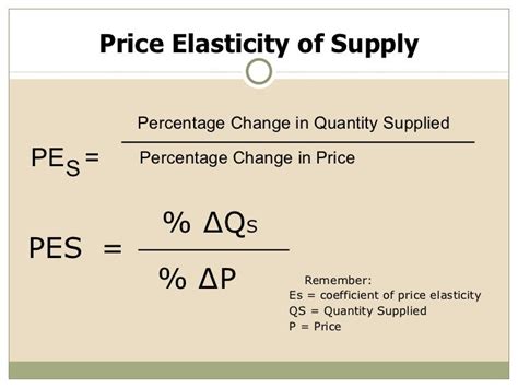 Price Elasticity of Supply Formula. Price elasticity of supply, eS = Percentage change in quantity supplied / Percentage change in price. ∆Q/Q × 100 Divided by ∆P/P × 100 = ∆Q/Q × P/∆P. Where ∆Q is the change in the quantity of the commodity supplied to the market place as market cost price changes by ∆P. 